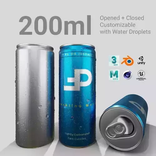 200ml Slim Beverage Can with Water Droplets Open and Closed Tabs Low-poly 3D model