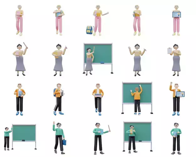 PACK OF 4 CHARACTER TEACHER AND STUDENT  - LOWPOLY 