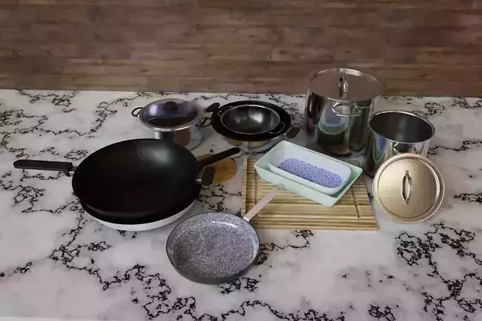 Kitchen Set Pans and cooking pots PBR textures in 4k and Uvs