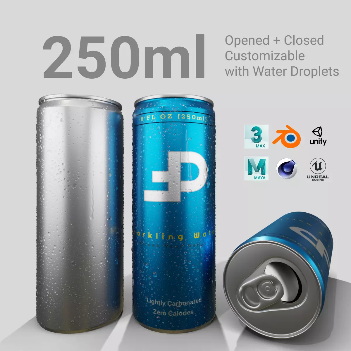 250ml Slim Beverage Can with Water Droplets Open and Closed Tabs Low-poly 3D model_0