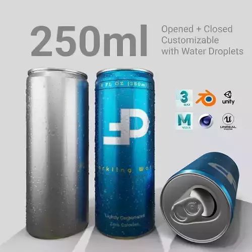 250ml Slim Beverage Can with Water Droplets Open and Closed Tabs Low-poly 3D model