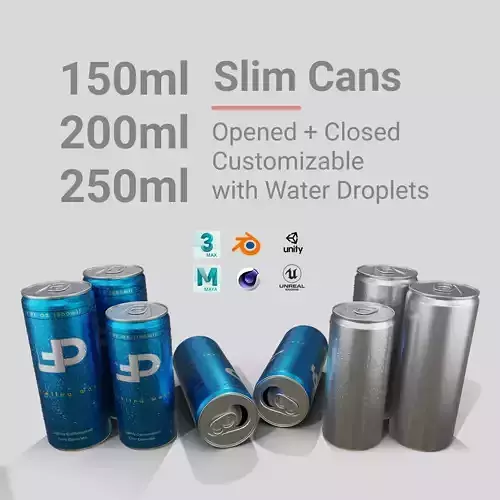 Slim Beverage Cans Set with Water Droplets Open and Closed Tabs 3D Model Collection