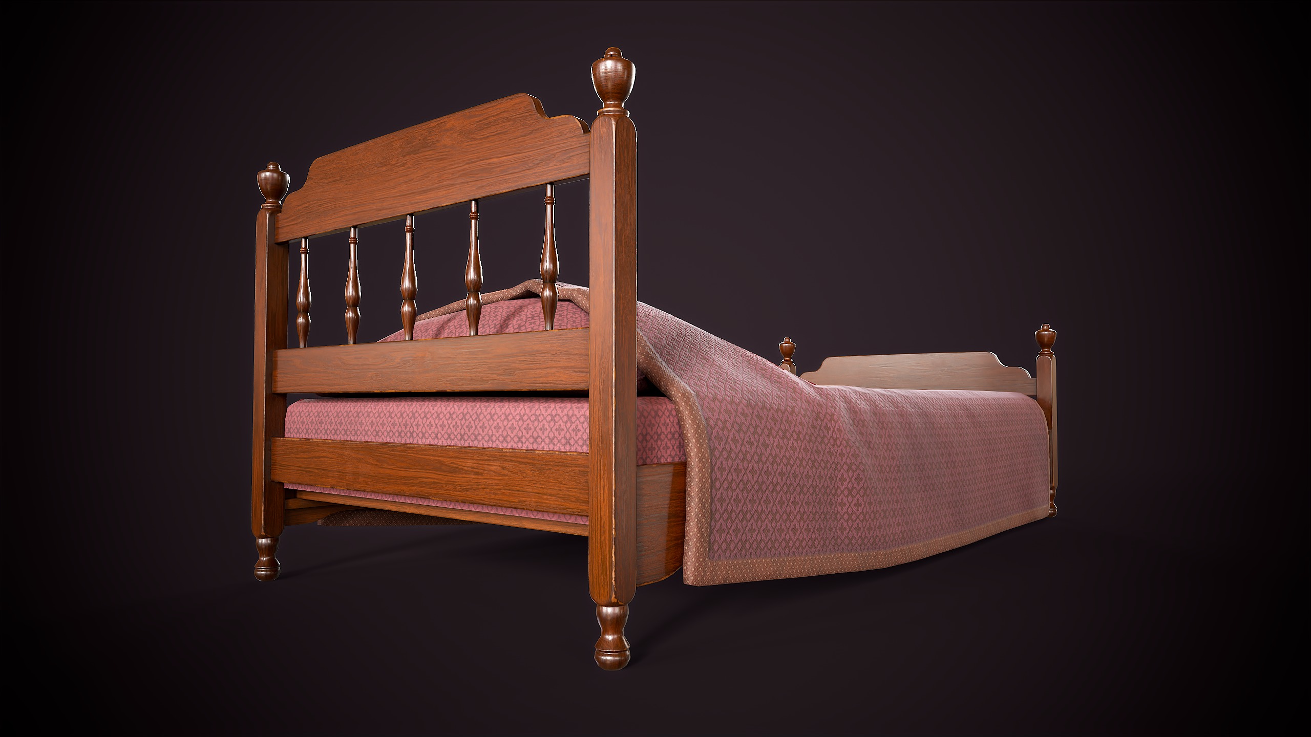Vintage single bed Low-poly 3D model_3