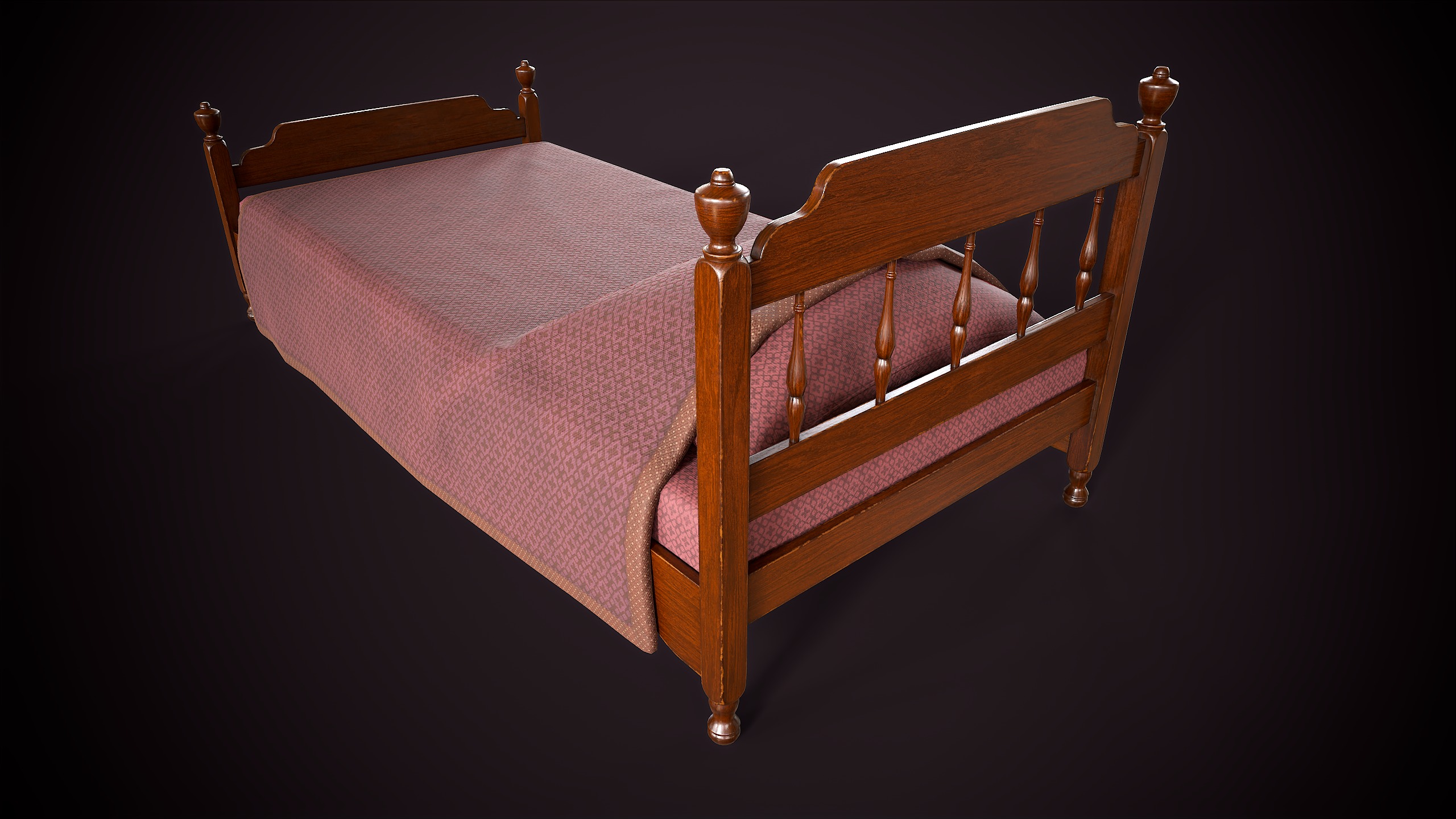 Vintage single bed Low-poly 3D model_2