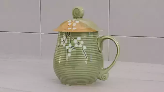 Ceramic Mug with ornate handle and lid