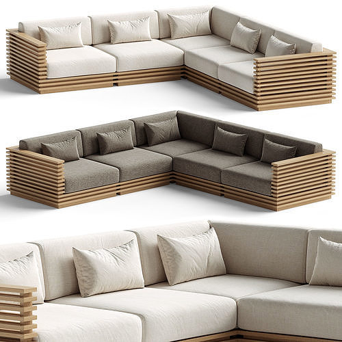Batten 5-Piece L-Shaped Teak Sofa 3D model