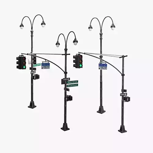 COLLECTION LowPoly Traffic light with street lamp Low-poly 3D model