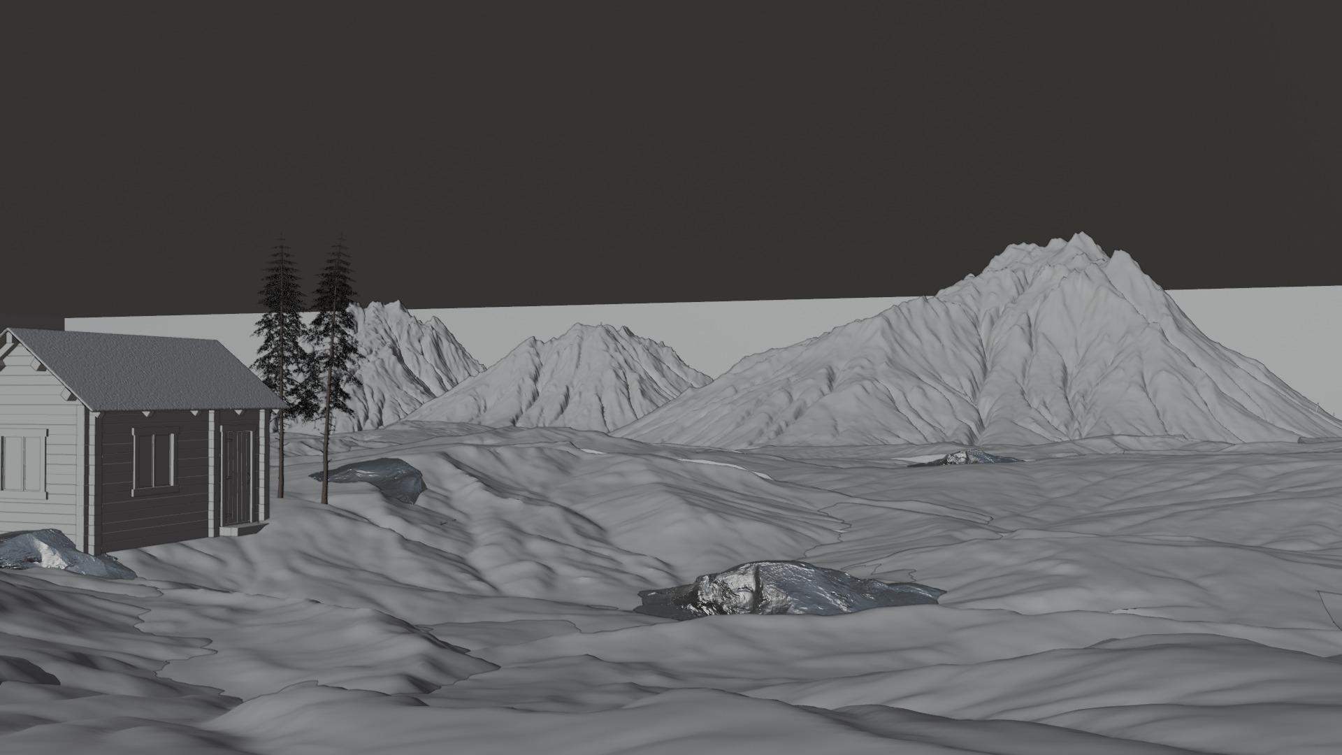 Cabin in the Snowy Mountains at Sunrise 3D model_4