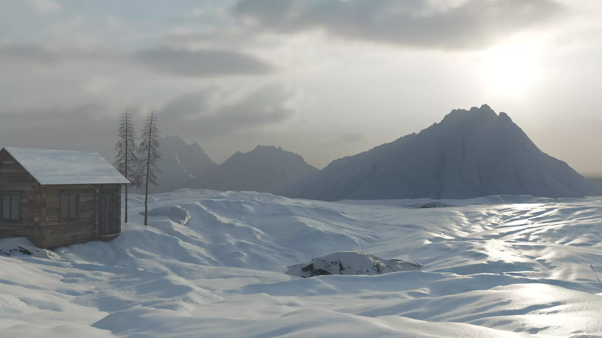 Cabin in the Snowy Mountains at Sunrise 3D model_0