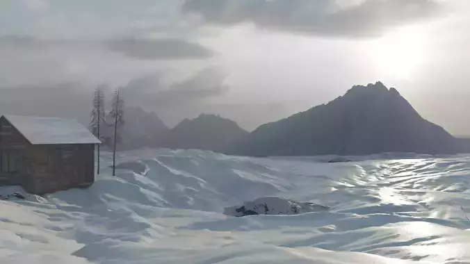 Cabin in the Snowy Mountains at Sunrise