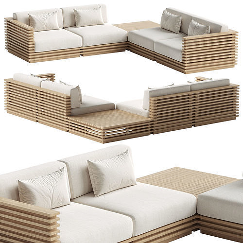 Batten 5-Piece Teak Sofa with table 3D model