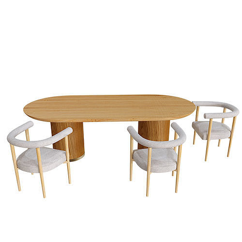Brandy Natural Wood Dining Table and Spara Boucle Dining Chair 3D model 2