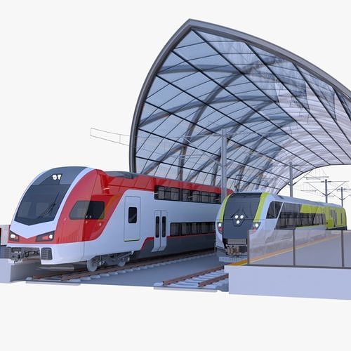 Station with american trains 3D model