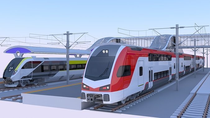 Station with american trains II 3D model