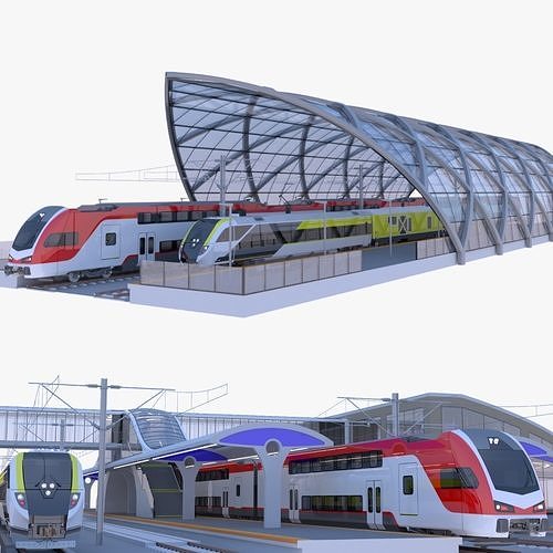 Stations with american trains 3D Model Collection