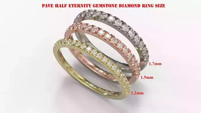 Pave Half Eternity Gemstone Diamond Ring 3D Model Collection