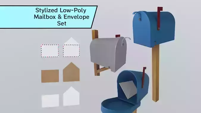 Stylized Low-Poly Mailbox and Envelope Set Low-poly 3D model