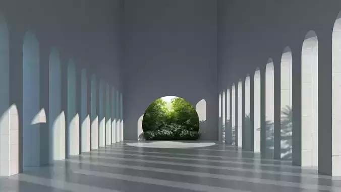 Art space long gallery with sunlight animation 3D model