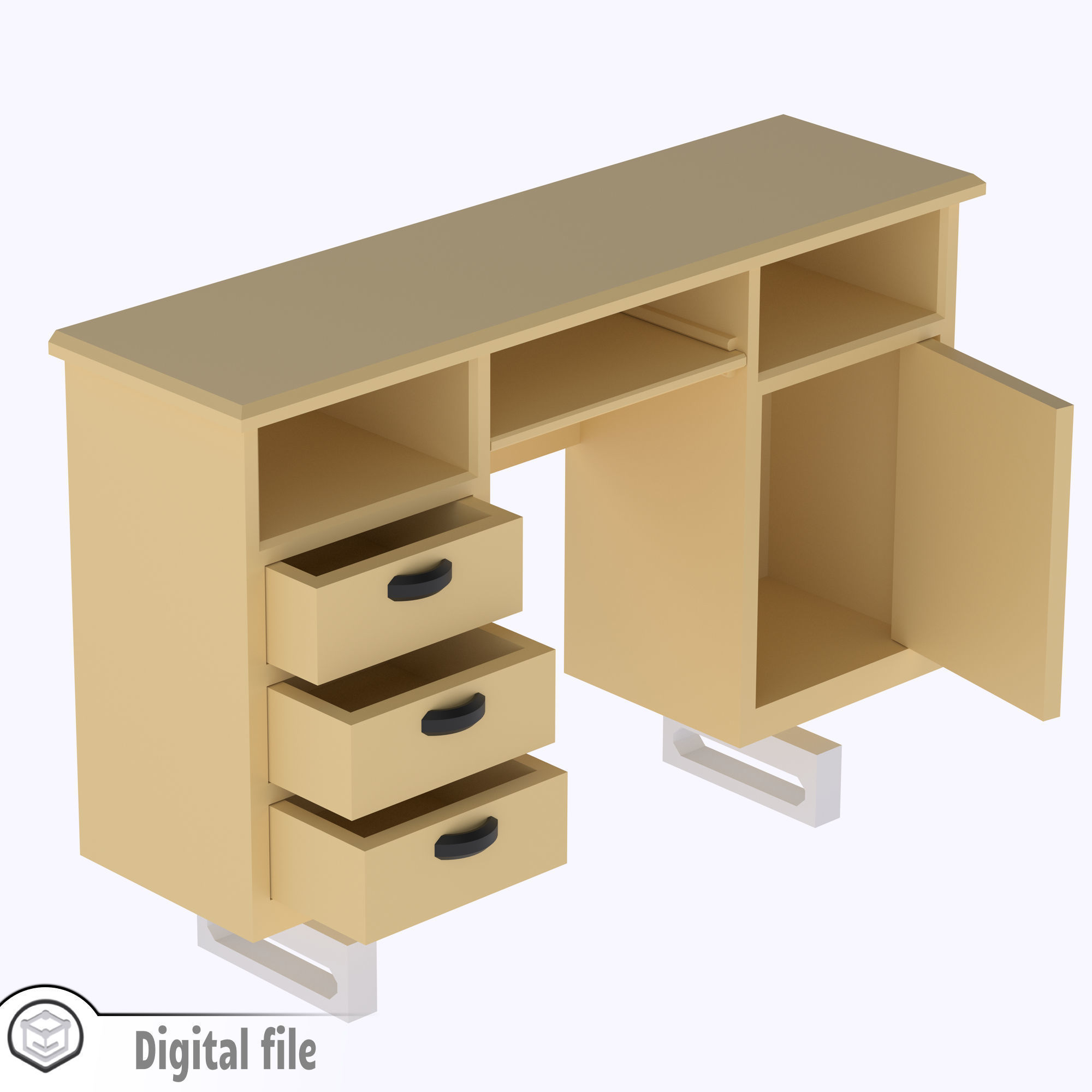 Classic Desk with functional door drawers 3D print model_8