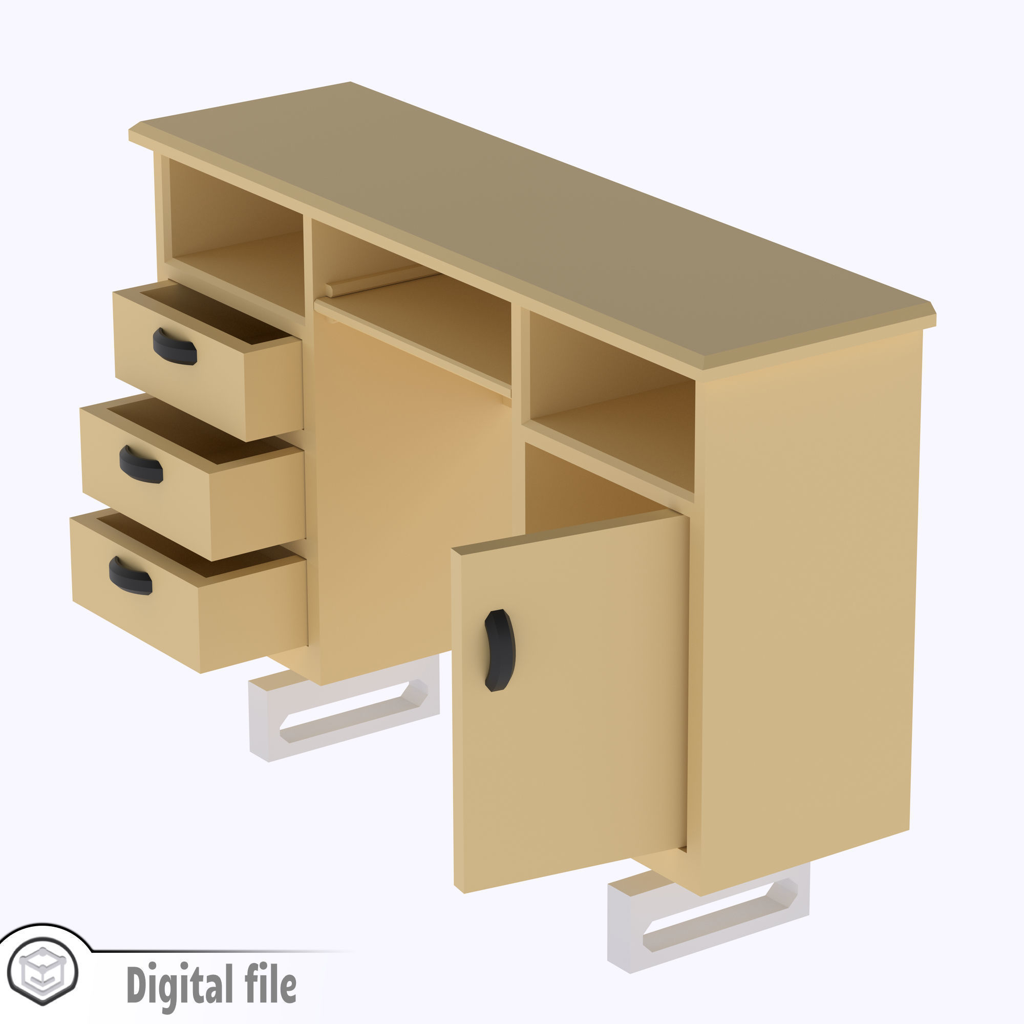 Classic Desk with functional door drawers 3D print model_7
