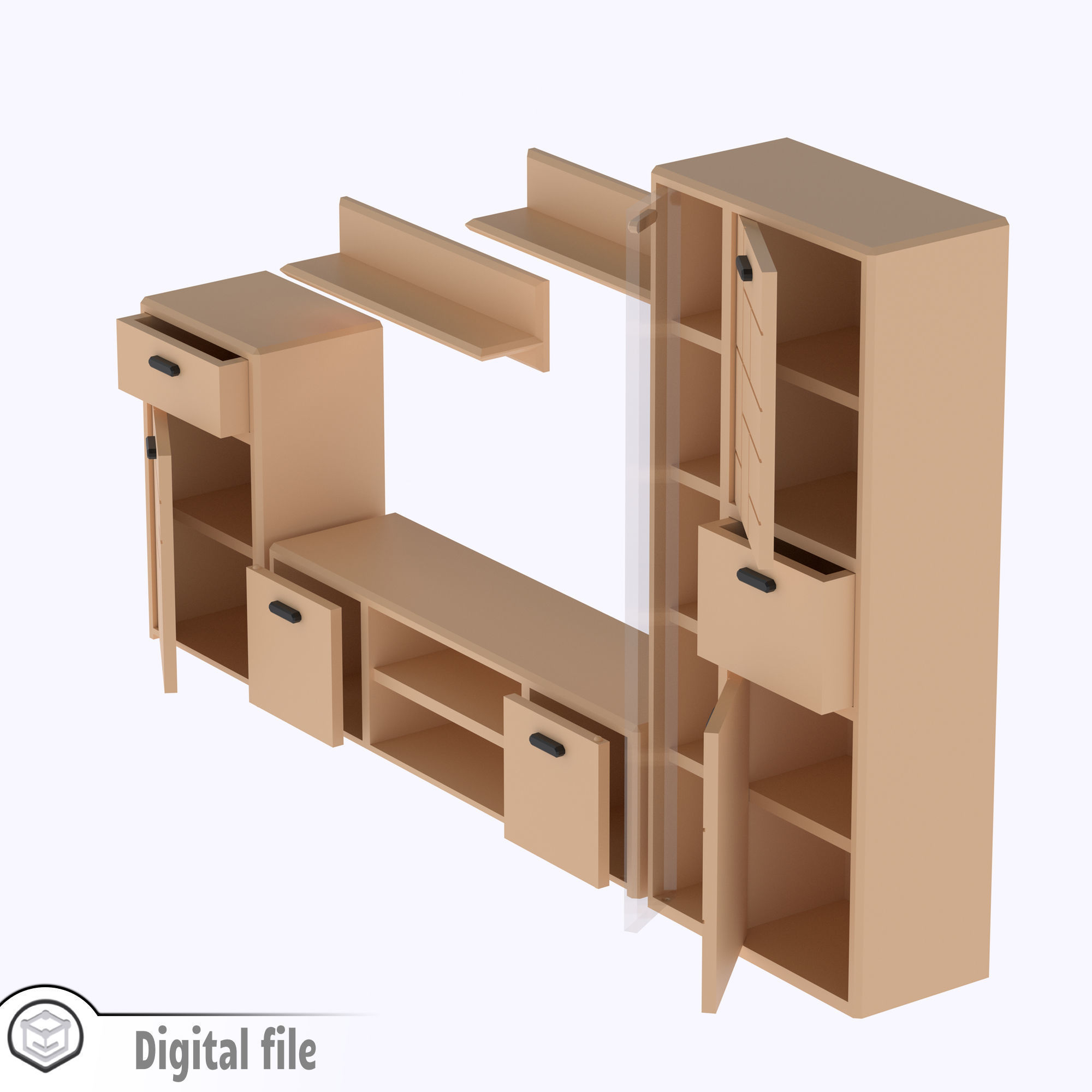 Set of Living room cabinet and tv stand with functional doors 3D print model_10