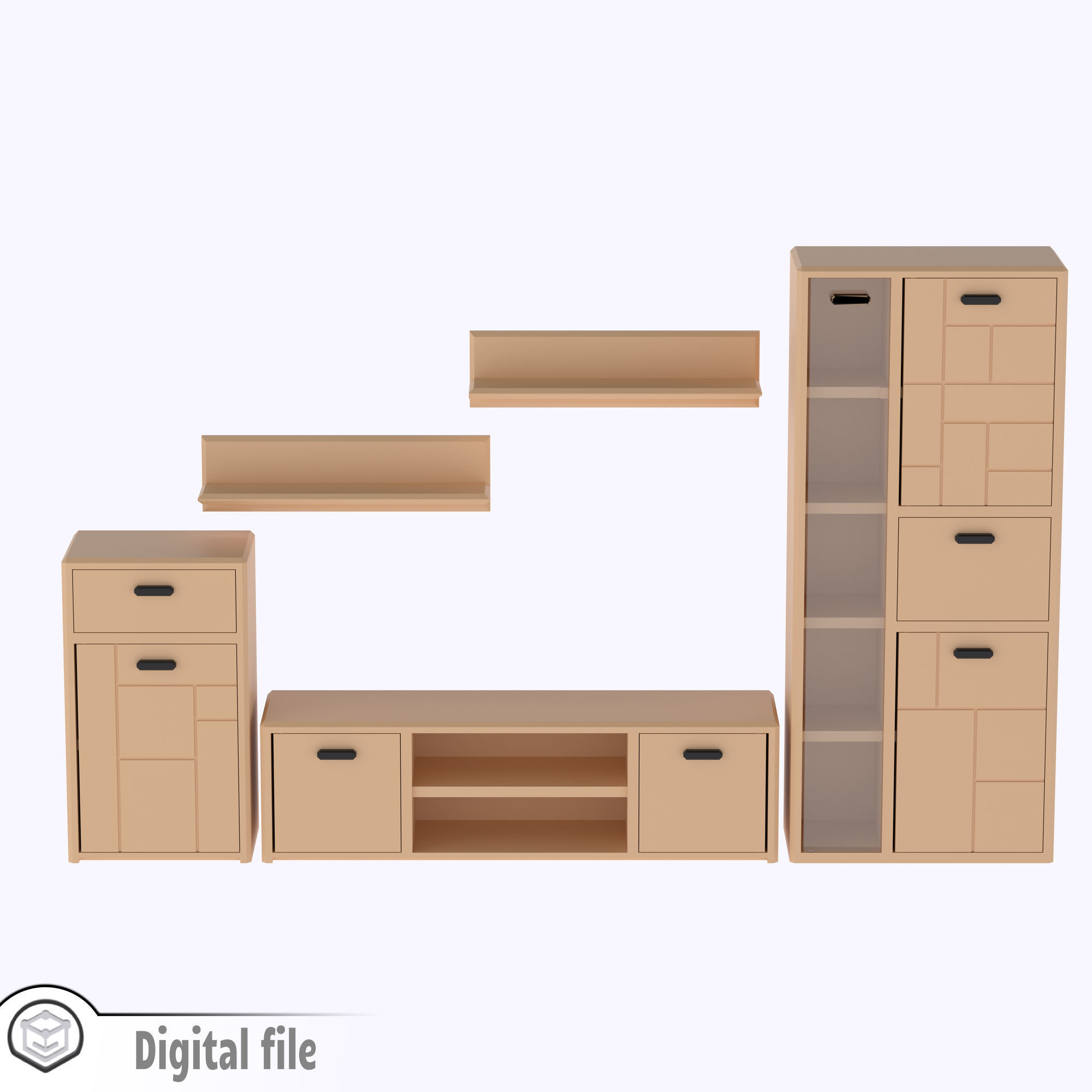 Set of Living room cabinet and tv stand with functional doors 3D print model_8