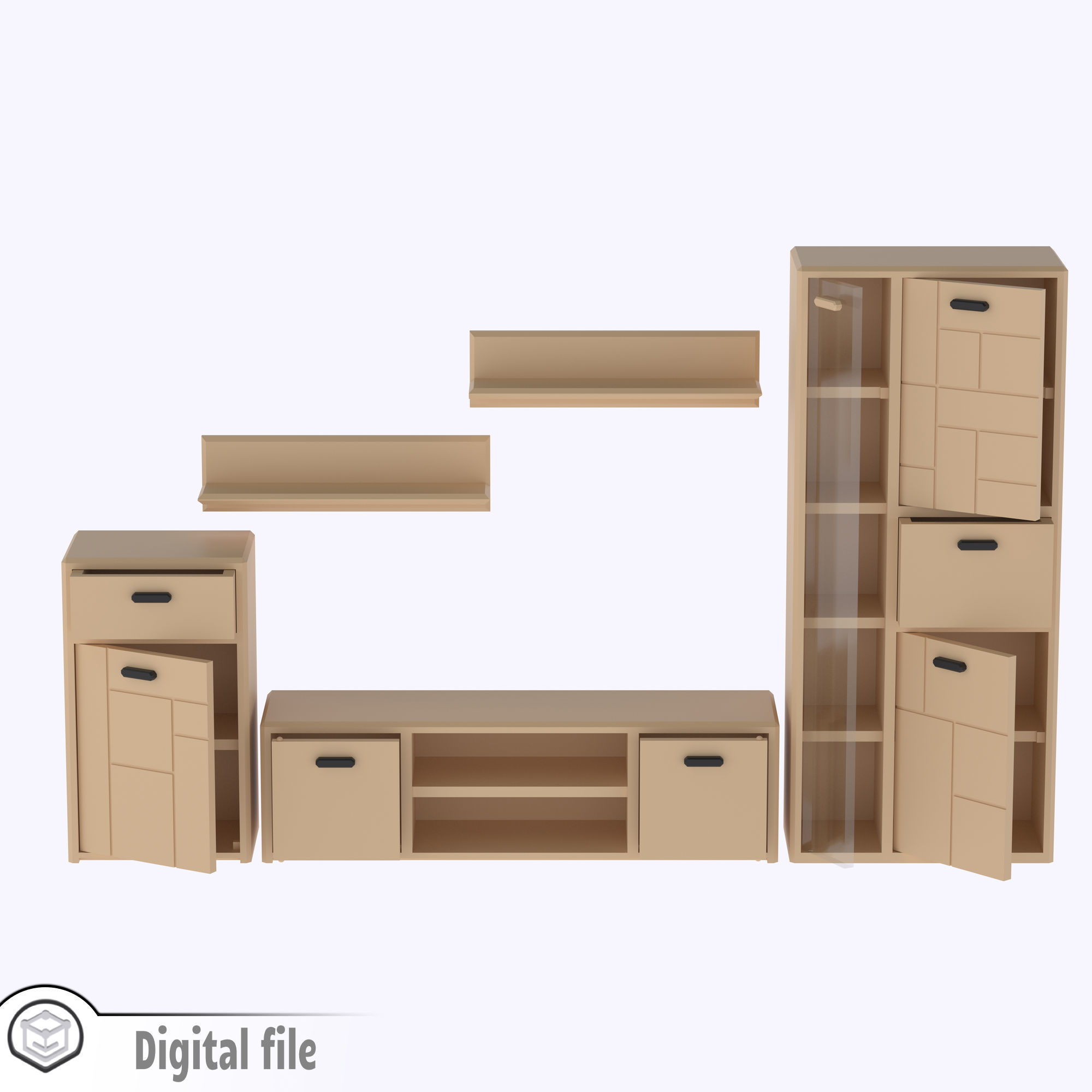 Set of Living room cabinet and tv stand with functional doors 3D print model_13