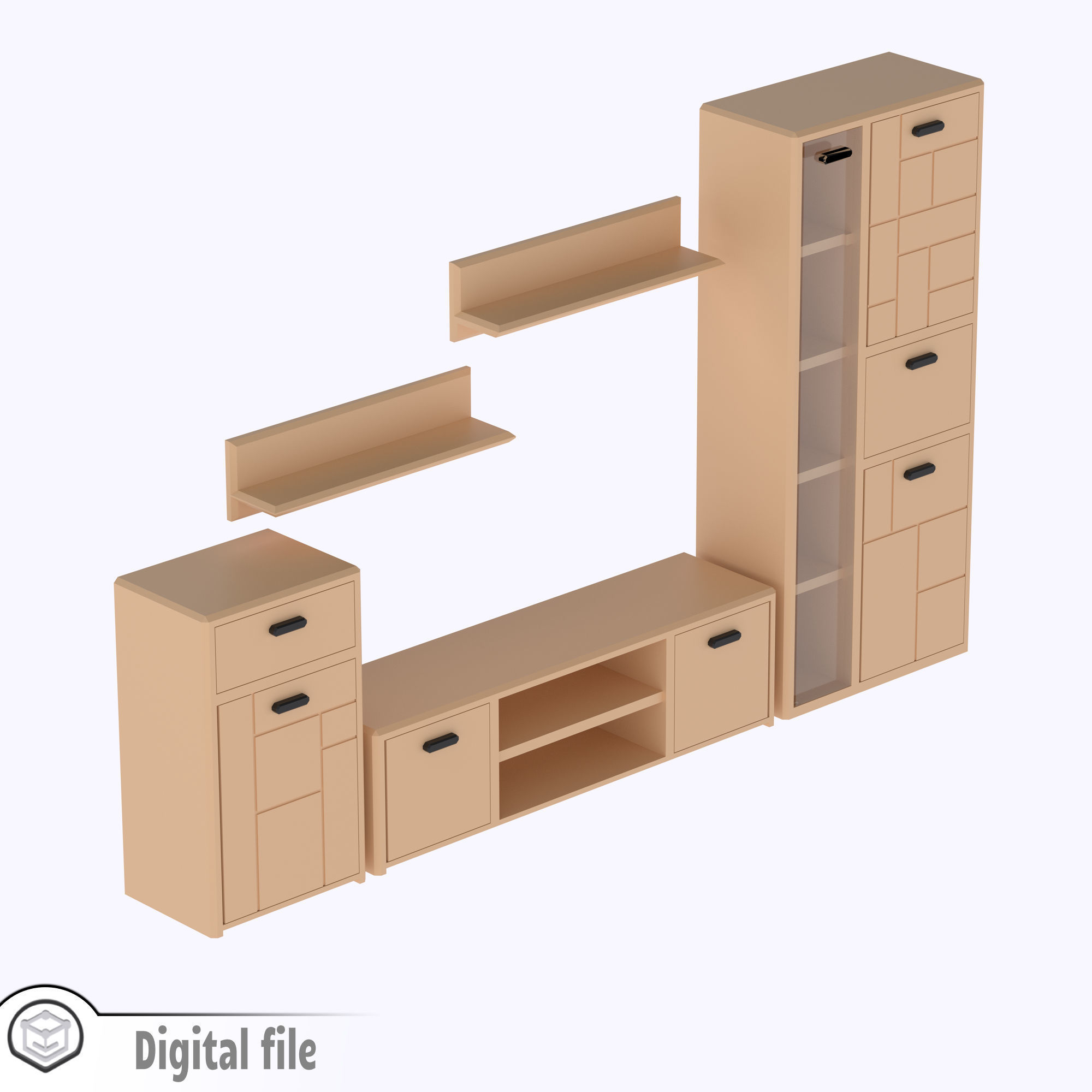 Set of Living room cabinet and tv stand with functional doors 3D print model_7