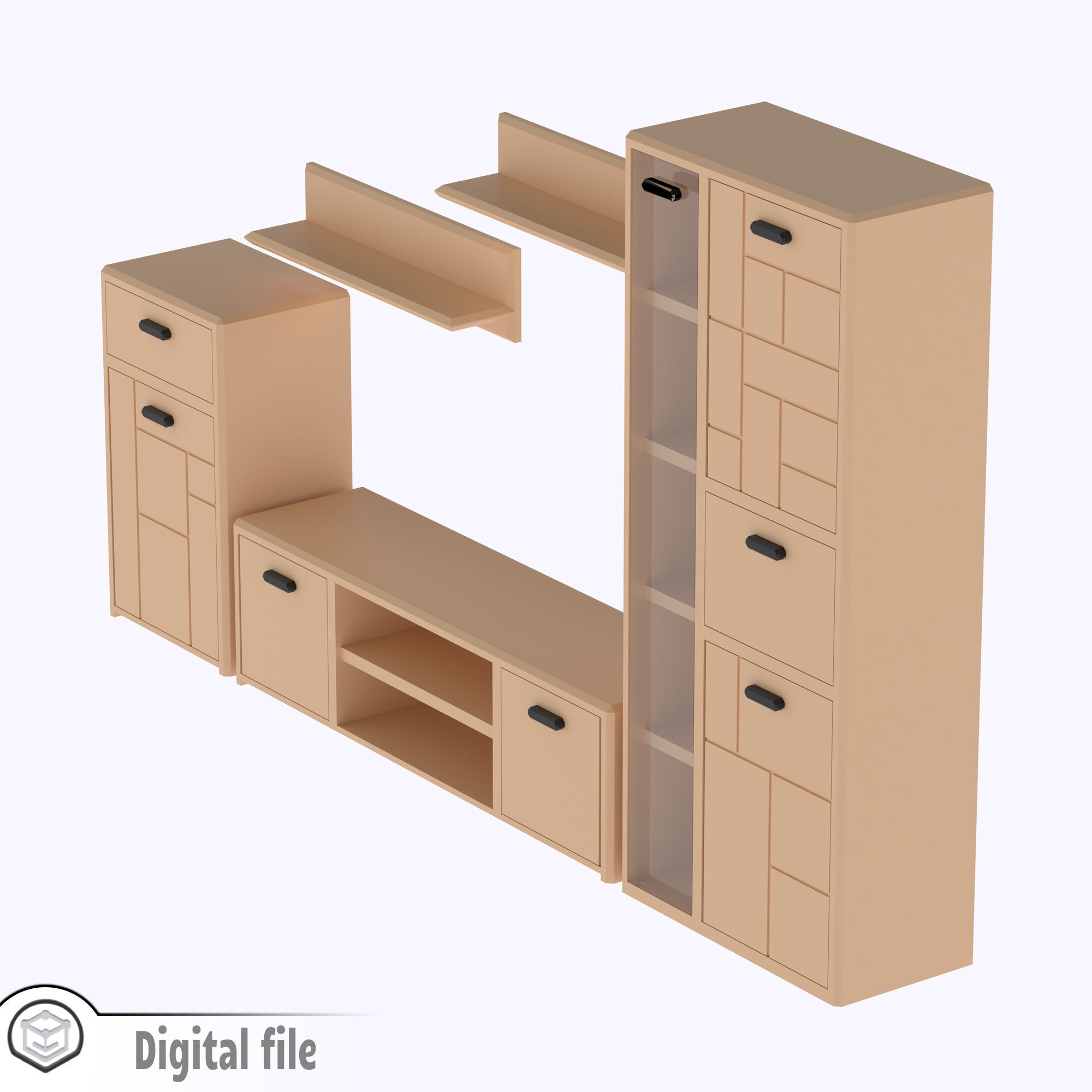 Set of Living room cabinet and tv stand with functional doors 3D print model_6