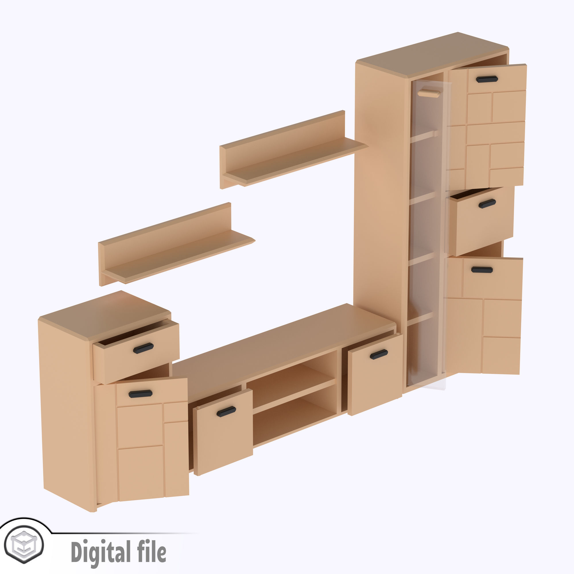 Set of Living room cabinet and tv stand with functional doors 3D print model_12