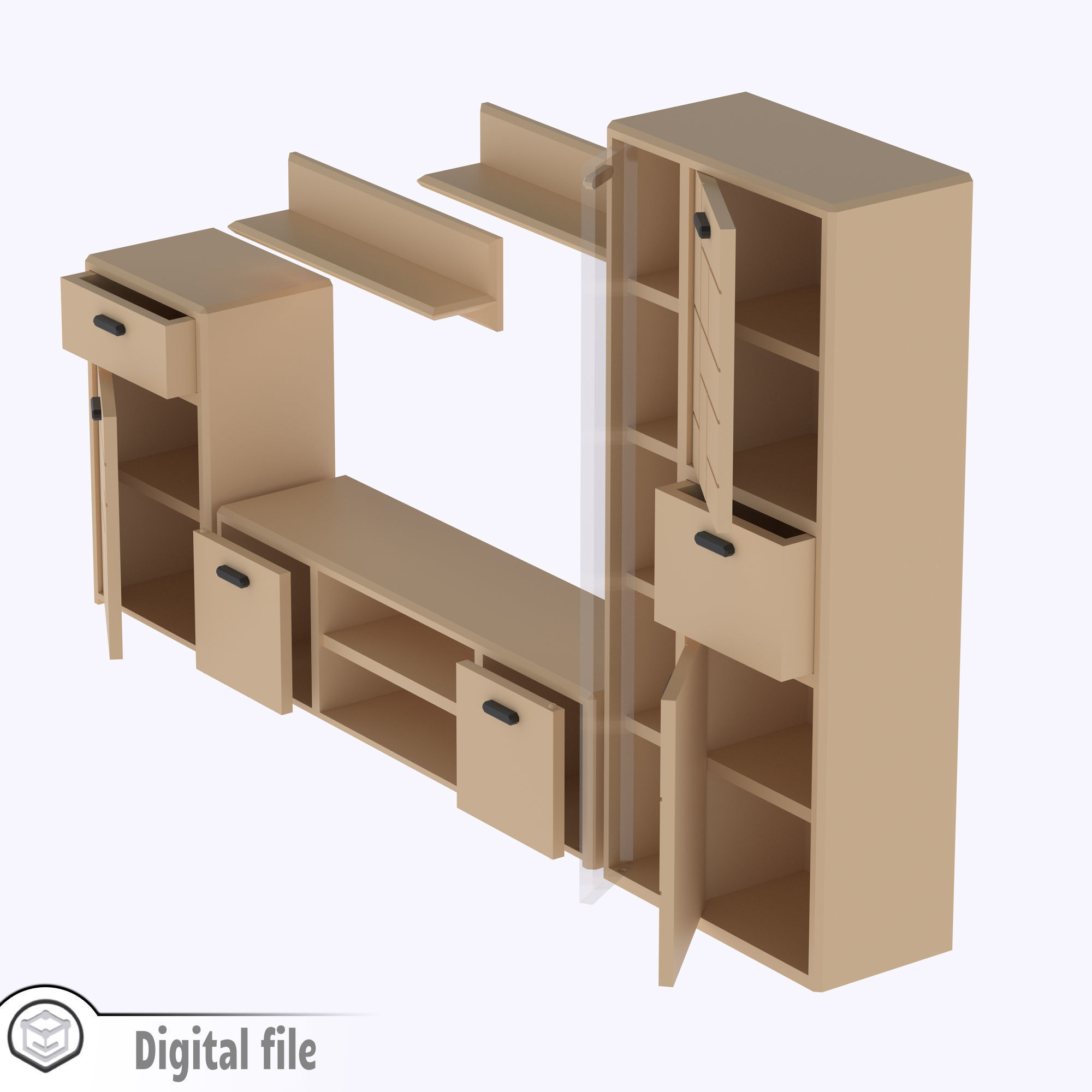 Set of Living room cabinet and tv stand with functional doors 3D print model_9