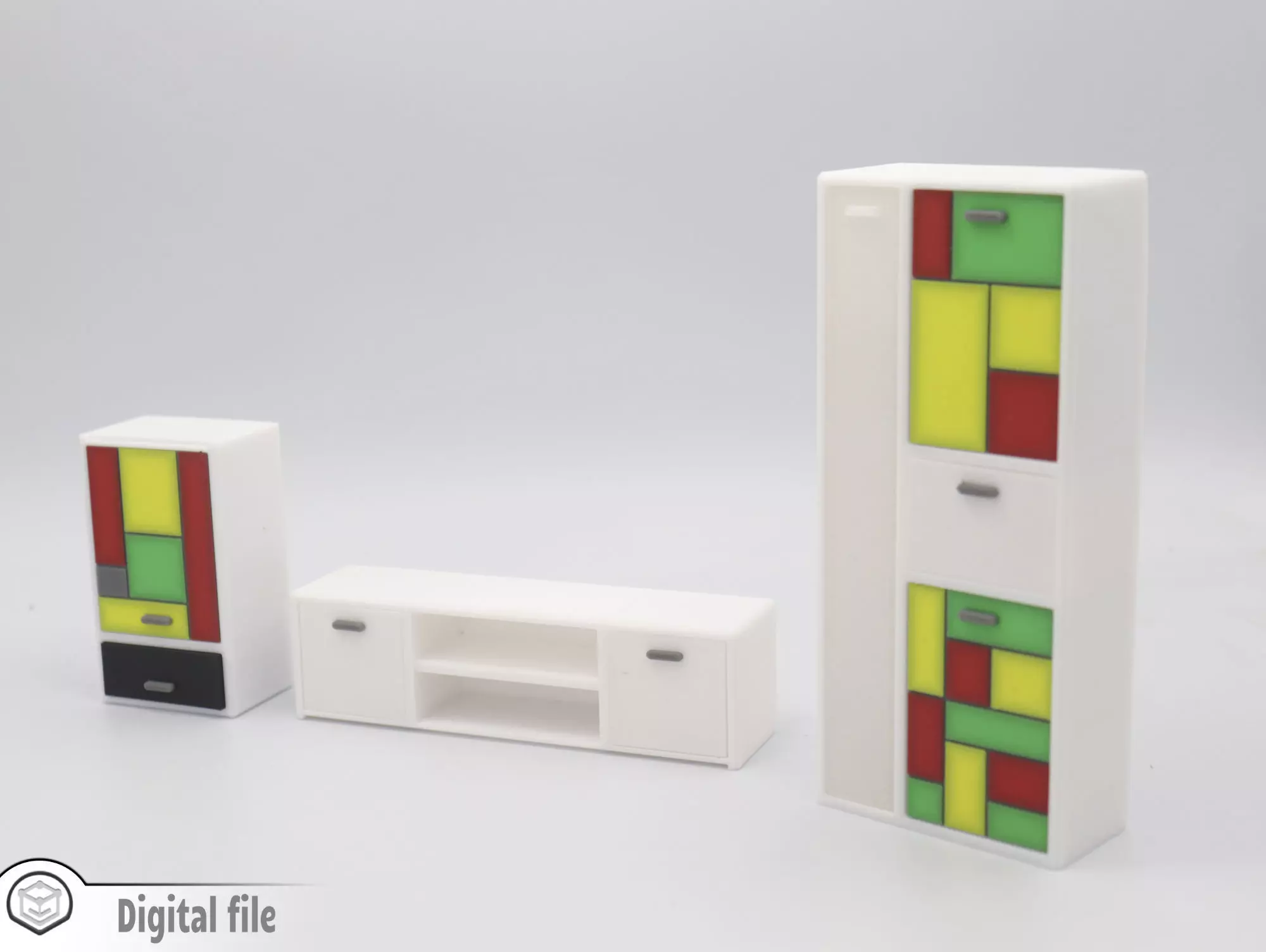 Set of Living room cabinet and tv stand with functional doors 3D print model_0