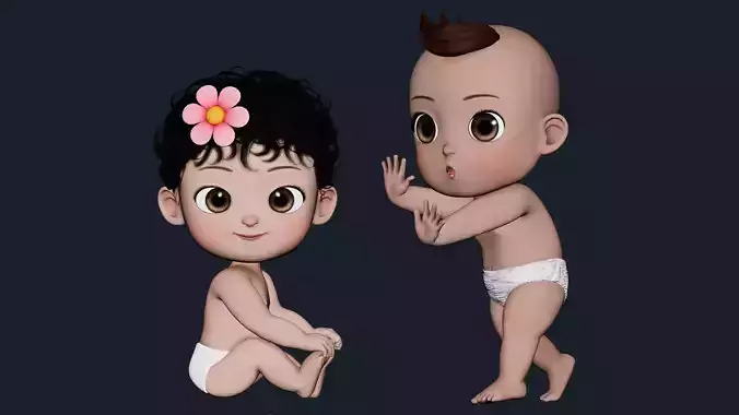 Cartoon Baby Twin Rigged Low-poly 3D model