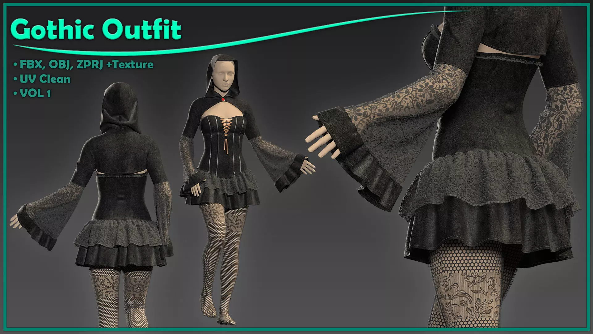 female gothic outfit with texture 3D model_0