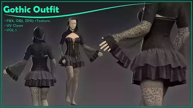 female gothic outfit with texture 3D model female gothic outfit with texture 3D model