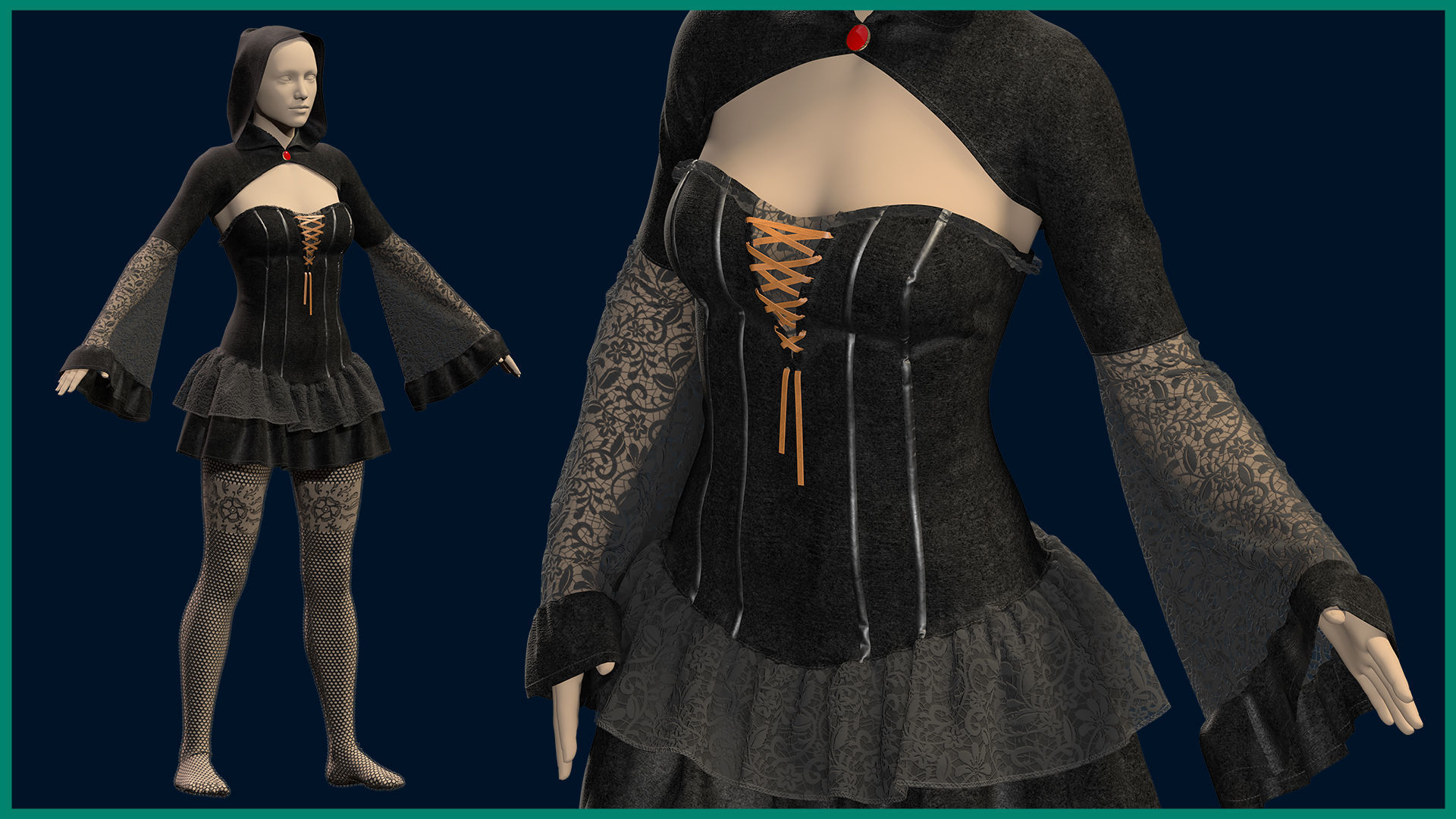 female gothic outfit with texture 3D model_4