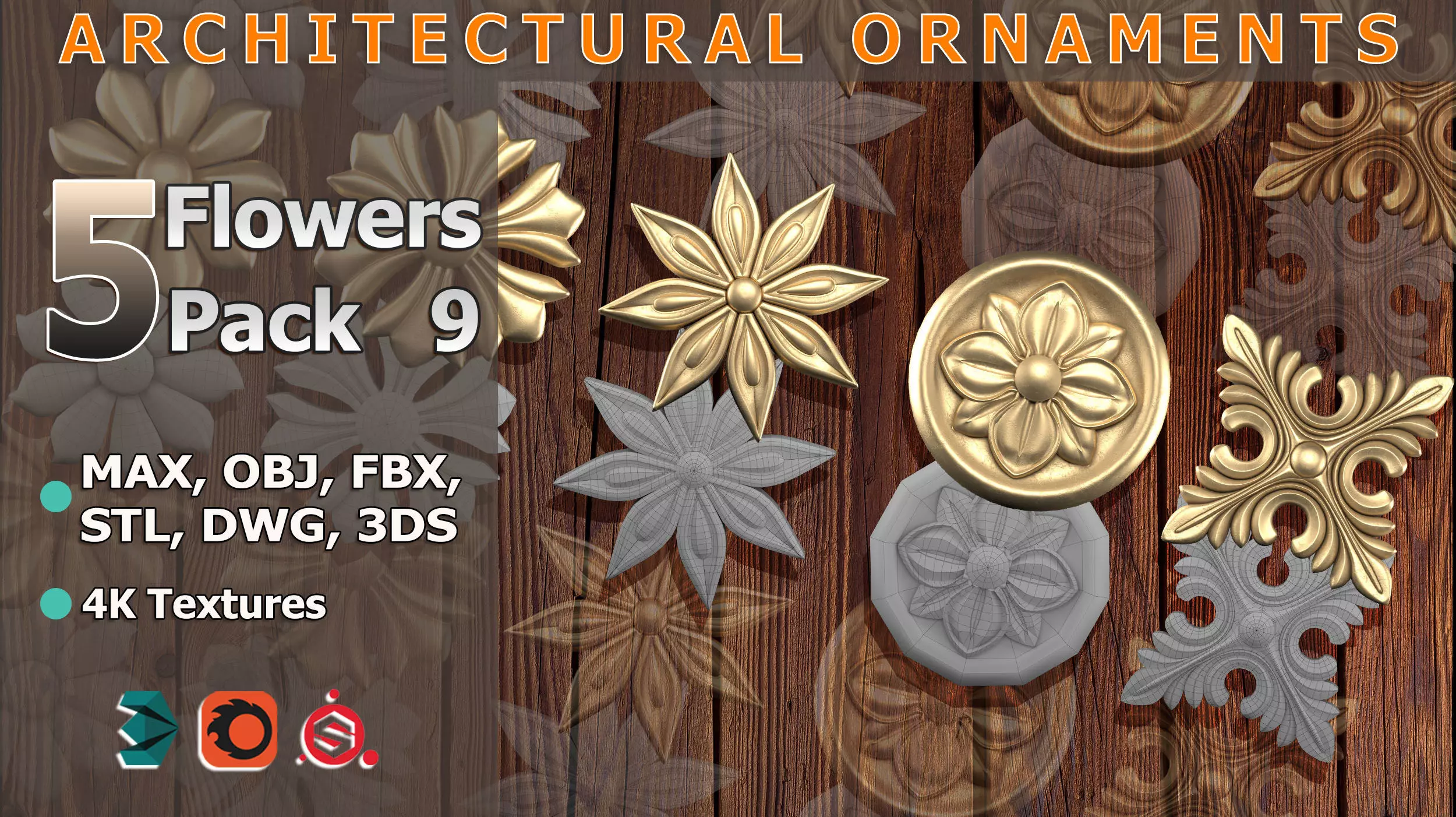 5 Flowers Ornamental Pack 9 3D model_0