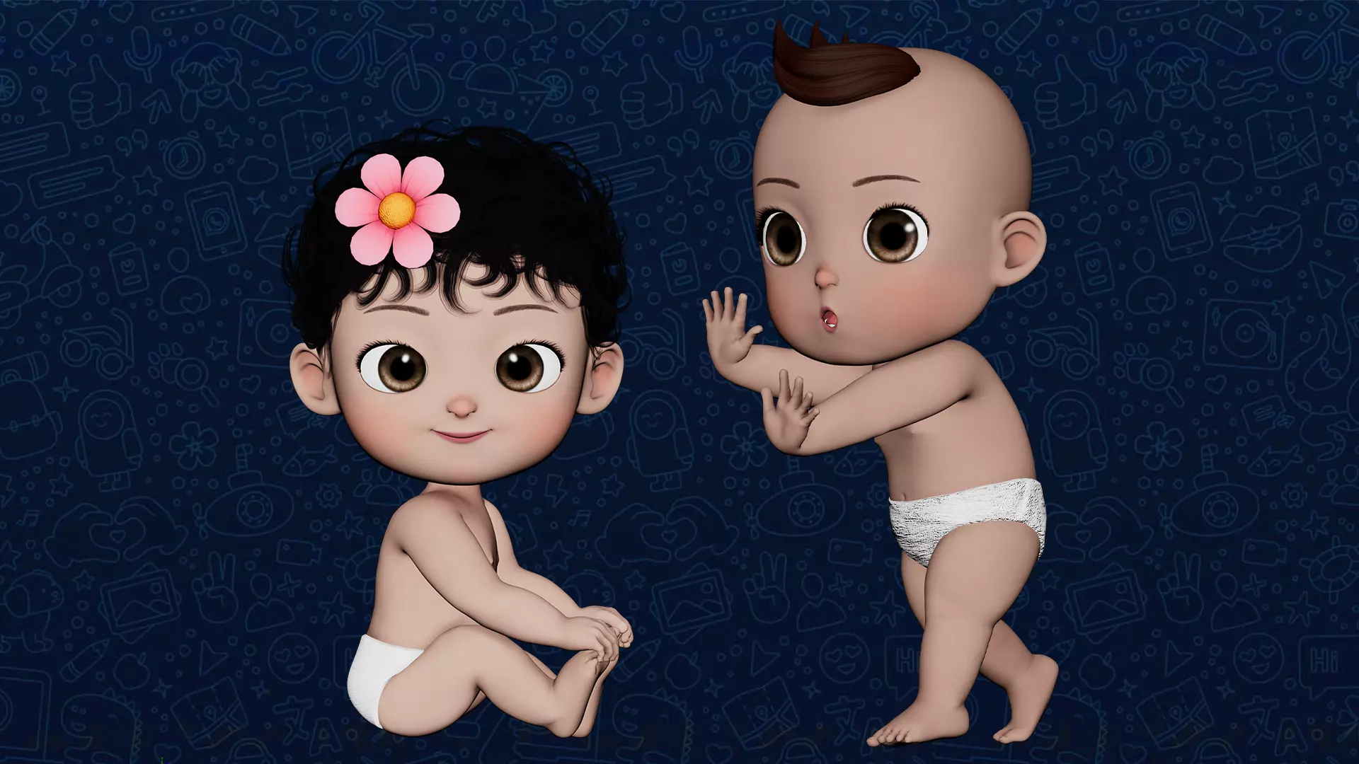 Cartoon Baby Twin Rigged  3D Model Collection_0