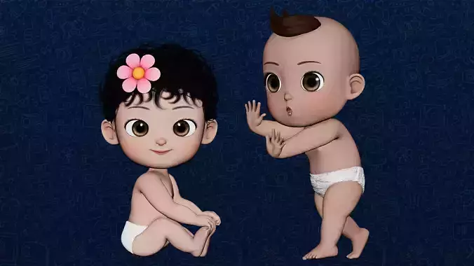 Cartoon Baby Twin Rigged  3D Model Collection