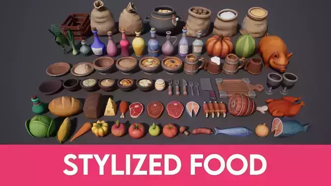 Stylized Food 3D Pack with Meat Fruits Vegetables Dishes
