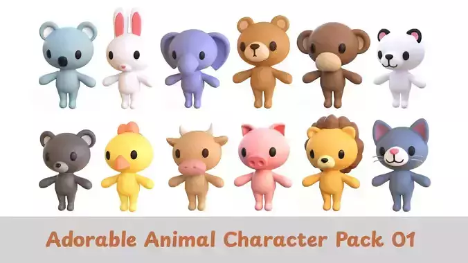 Adorable Animal Character Pack 01   Low-poly 3D model