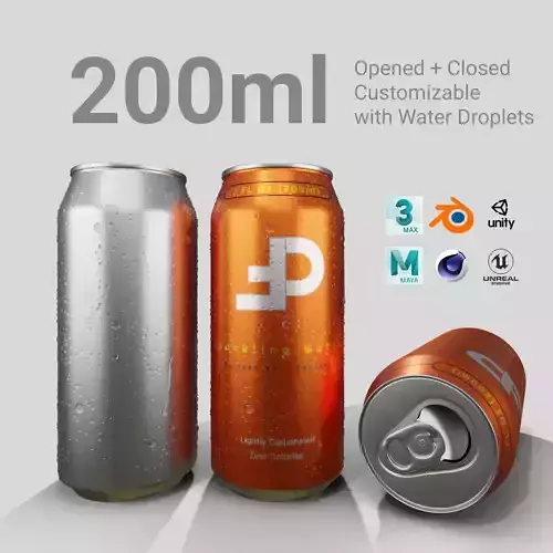 Sleek 200ml Beverage Can Open and Closed Tabs with Droplets Low-poly 3D model