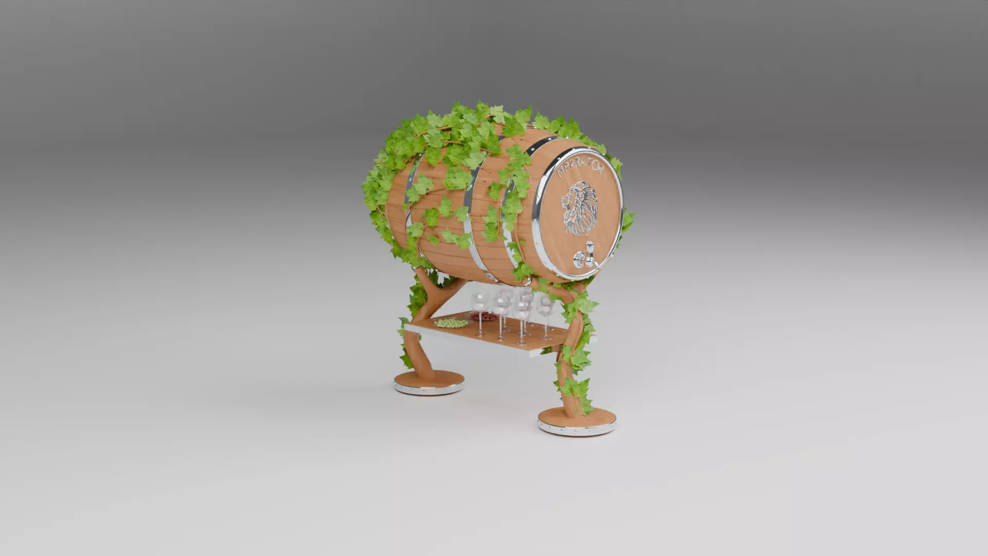 3D Wine Barrel and Glass Set 3D model