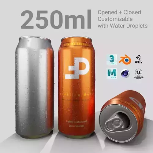 Sleek 250ml Beverage Can Open and Closed Tabs with Droplets Low-poly 3D model