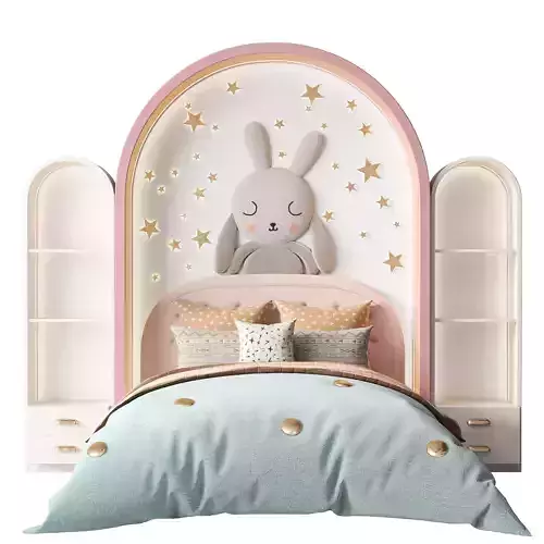 Baby cot with pillows and shelves for toys and decor