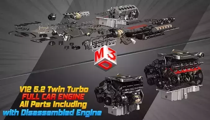 V12 Twin Turbo with Disassembled Car Engine 3D Model Collection