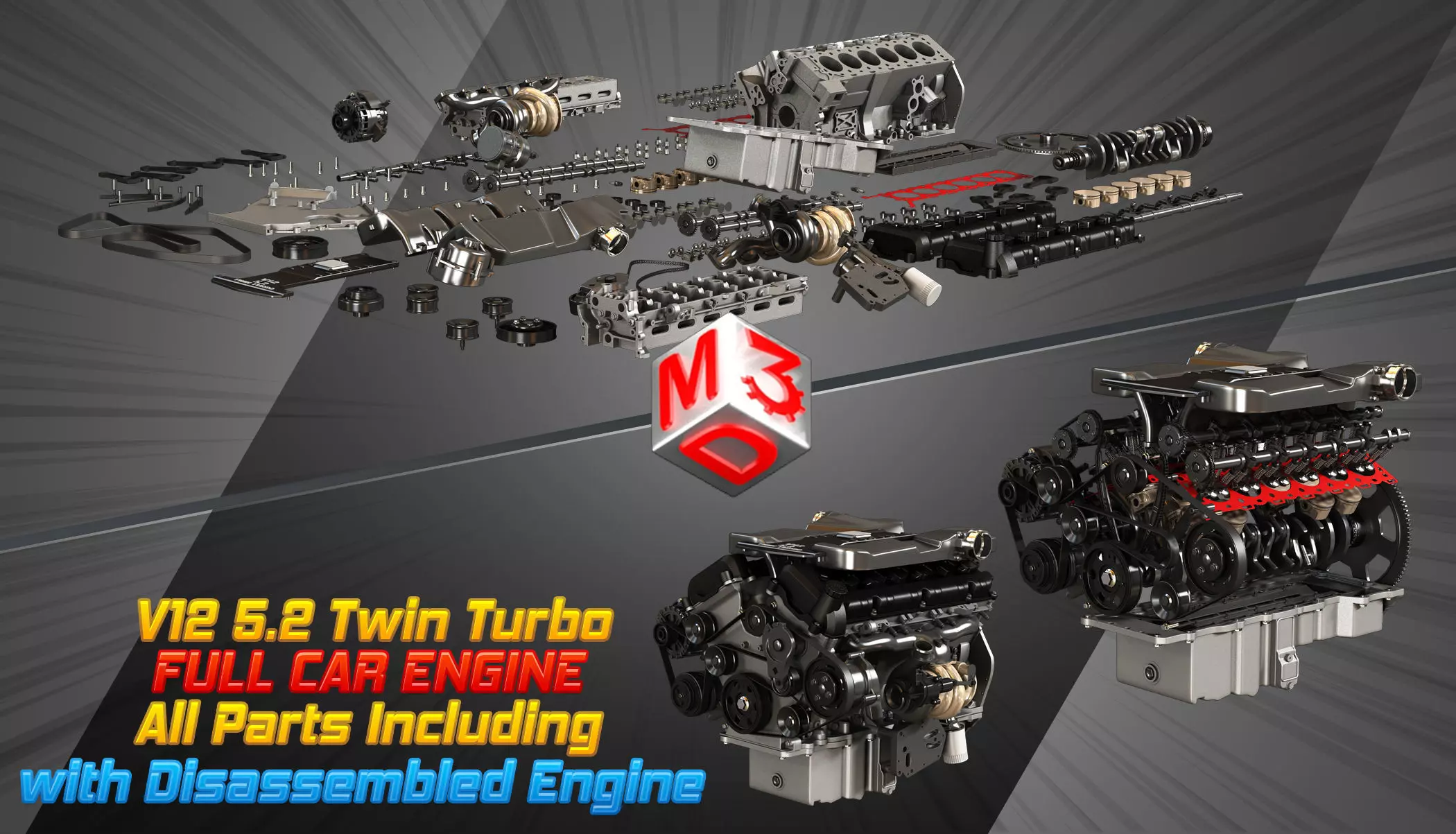 V12 Twin Turbo with Disassembled Car Engine 3D Model Collection_0