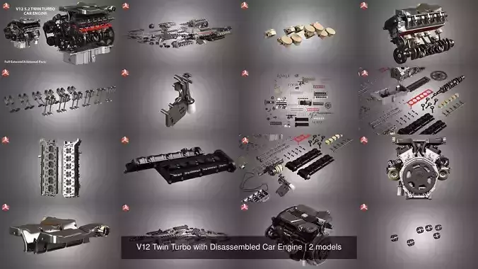 V12 Twin Turbo with Disassembled Car Engine