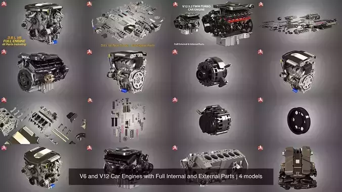 V6 and V12 Car Engines with Full Internal and External Parts