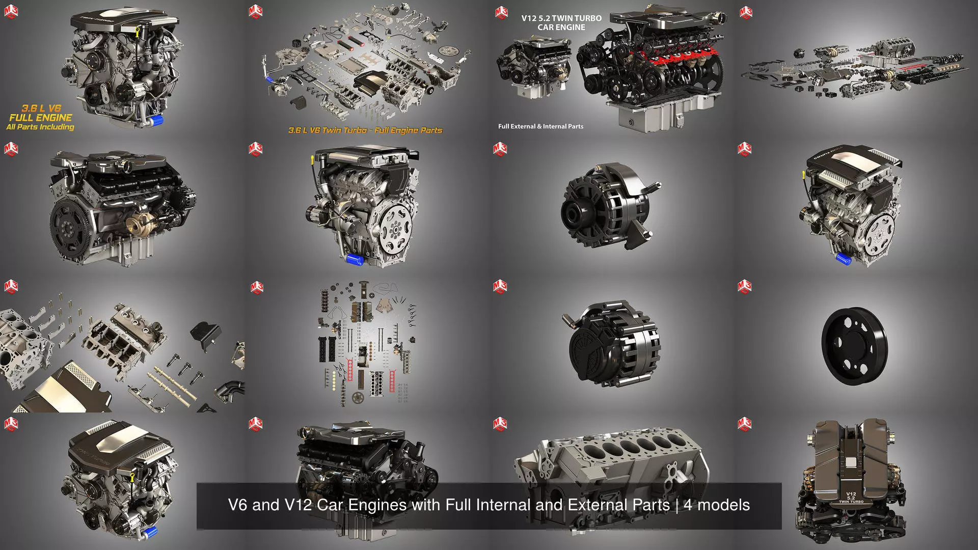 V6 and V12 Car Engines with Full Internal and External Parts 3D Model Collection_5